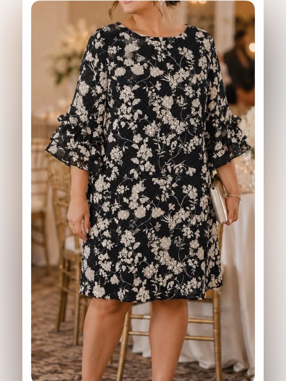 Marée Pour Toi Black & Ivory Floral Ruffle Sleeve Dress Size 20